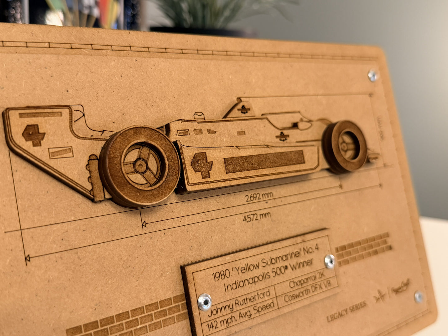 Johnny Rutherford & the 1980 Yellow Submarine – 3D Wood Art Display - Indy 500®