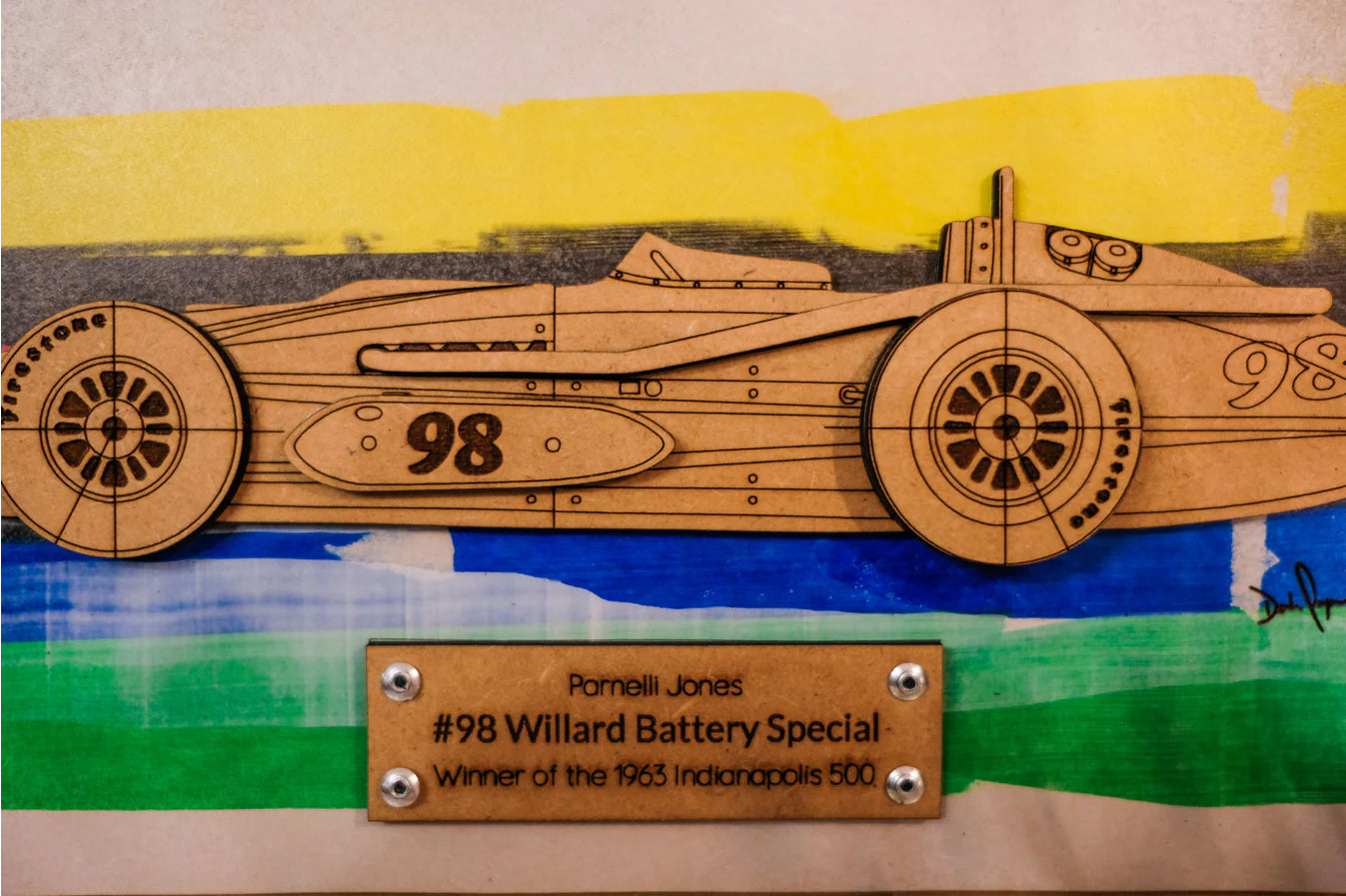 Indy Speedway Art - Parnelli Jones Watson Roadster - Indiana Racing Stripes Woodcraft Art Display
